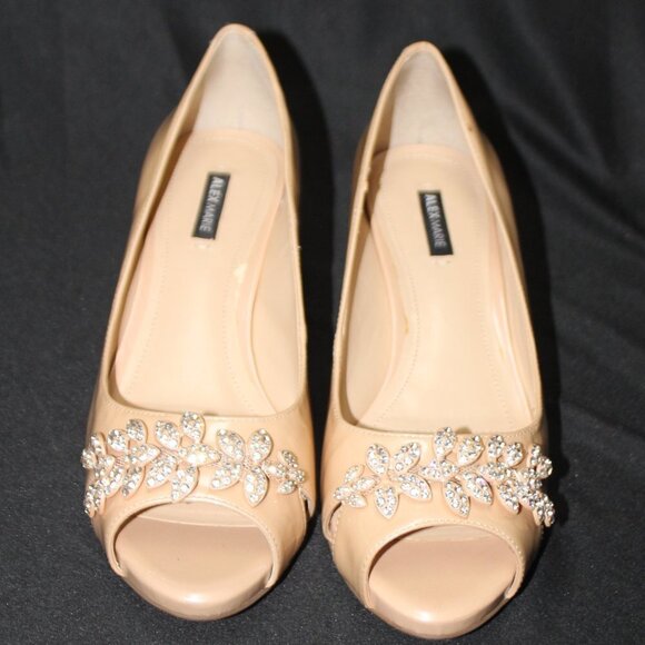 Alex Marie Patent Nude Beige Rhinestone Embellished Peep Toe Heels - Picture 1 of 15
